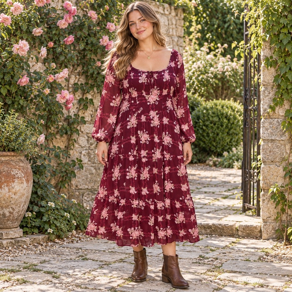 Trixxi Burgundy Rose Floral Tiered Midi Dress Large Cottagecore Romantic Boho